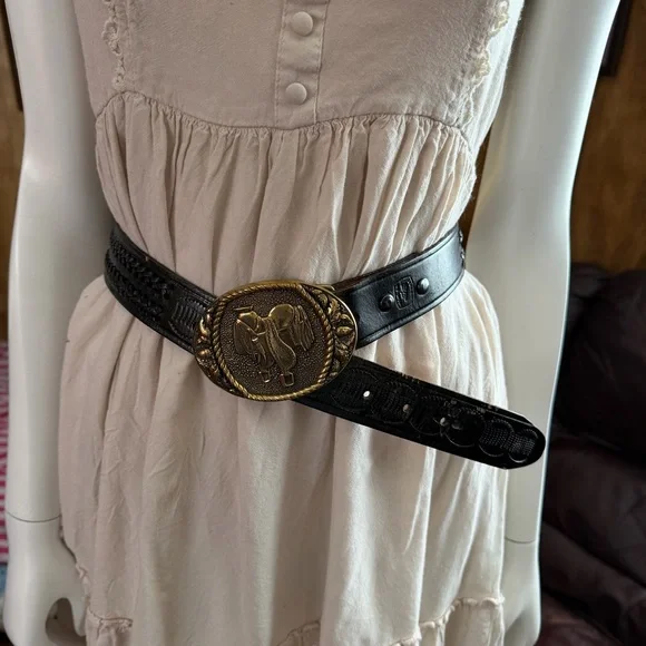 Vintage Leather Belt with Brass Buckle - Picture 2 of 7